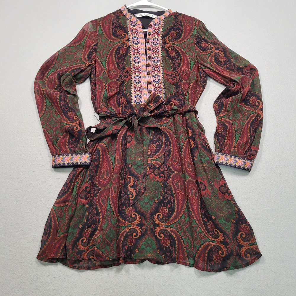 Zara Womens Paisley Boho Mini Dress Embroidered Trim Belted Red Green Small
